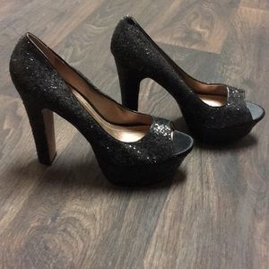 Black glitter block peep toe heels
